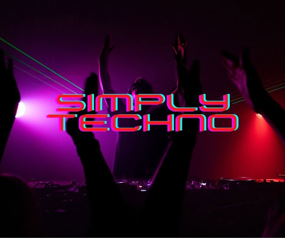 Crowd with hands raised under pink and red lights and lasers, Simply Techno logo