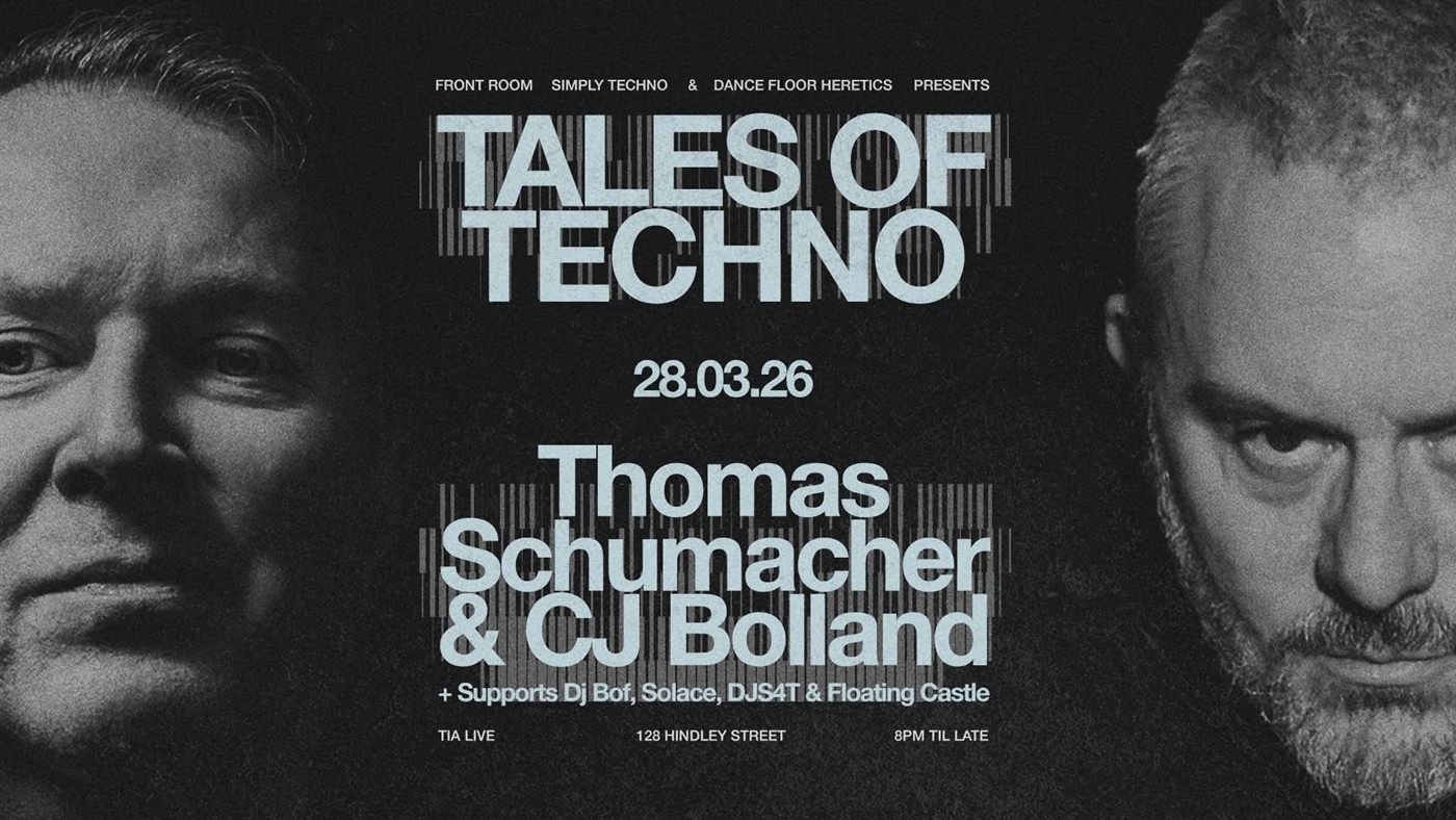 Tales of Techno flyer, 28.03.26 — black and white portraits of Thomas Schumacher and CJ Bolland