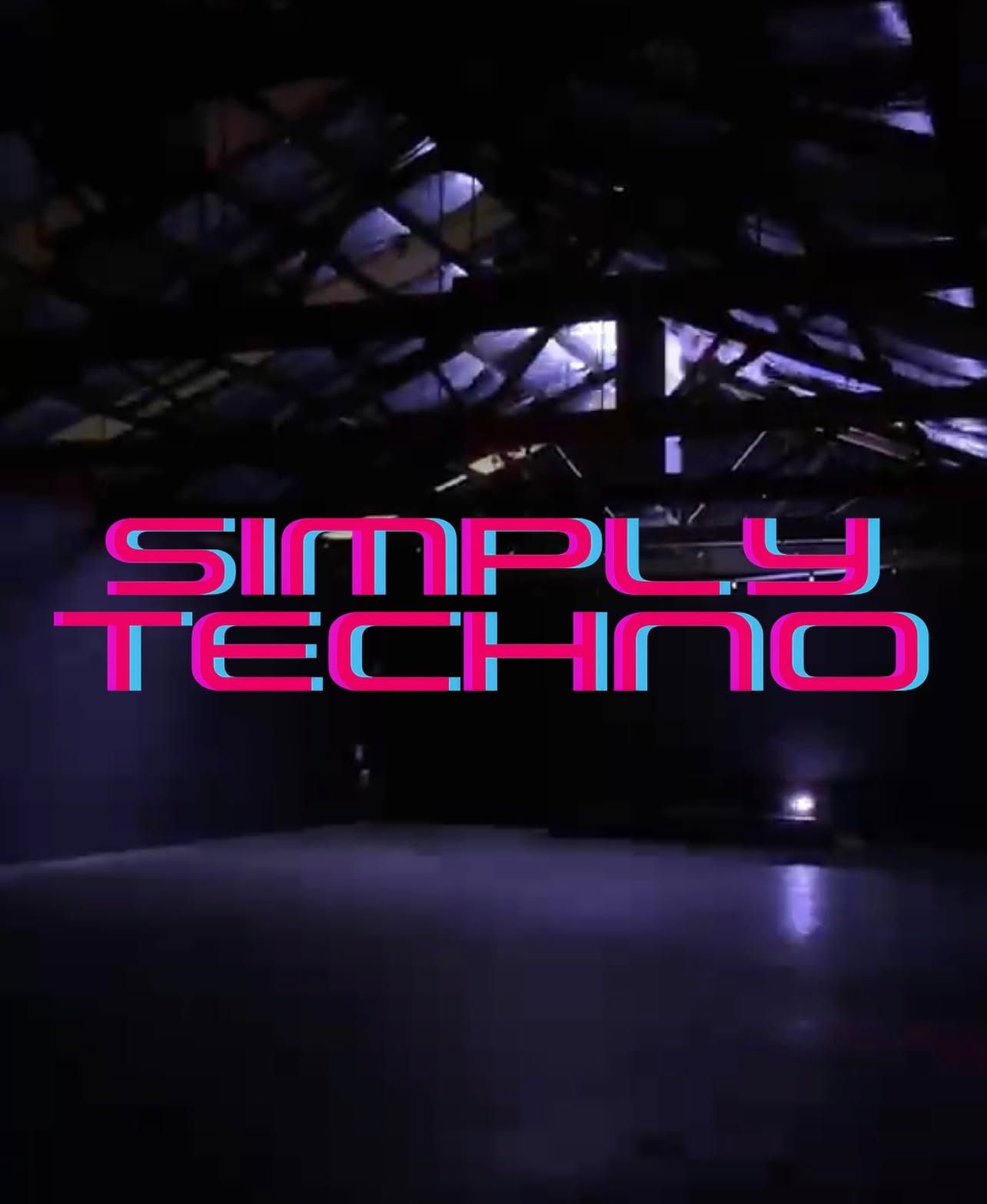 Empty warehouse with exposed roof trusses under purple light, Simply Techno logo in pink and cyan