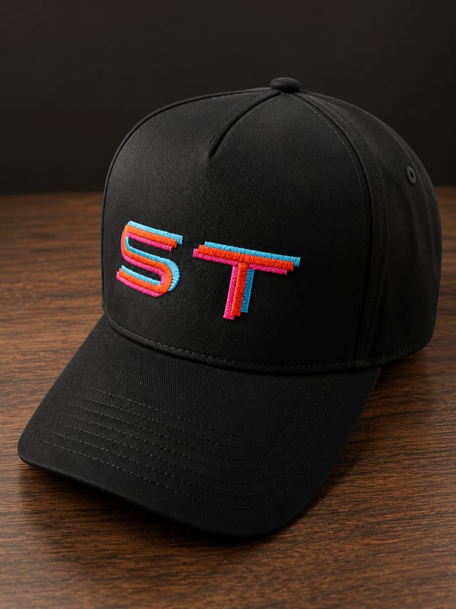 Black baseball cap with red and cyan ST logo