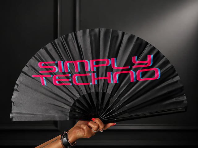 Black folding hand fan printed with the pink Simply Techno logo