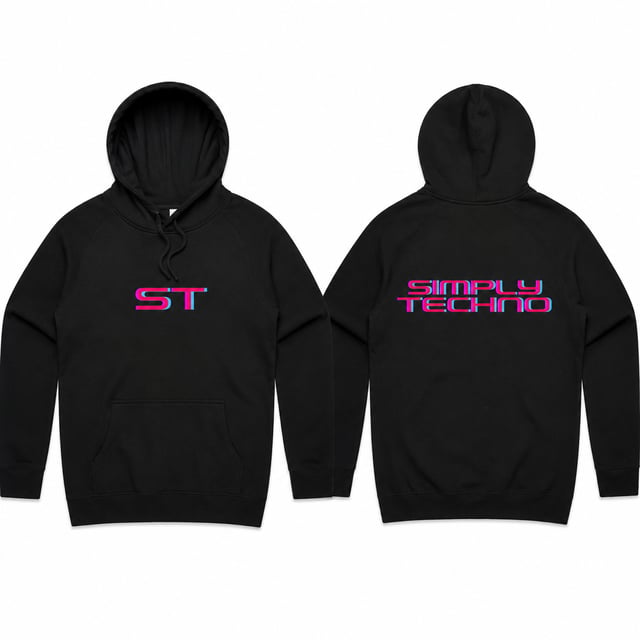 Black unisex hoodie, front with ST logo and back with Simply Techno logo